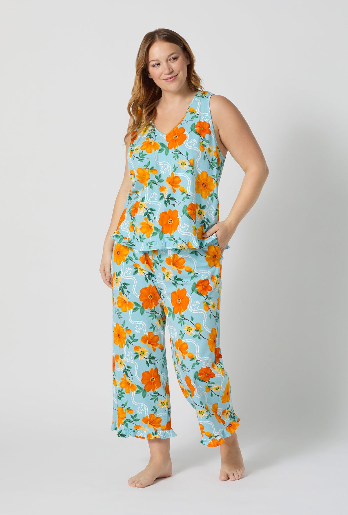 A lady wearing plus size Golden Breeze Ruffle Tank Stretch Jersey Cropped Pj Set