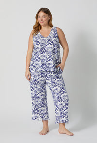 A lady wearing plus size Under The Sea Ruffle Tank Stretch Jersey Cropped Pj Set 