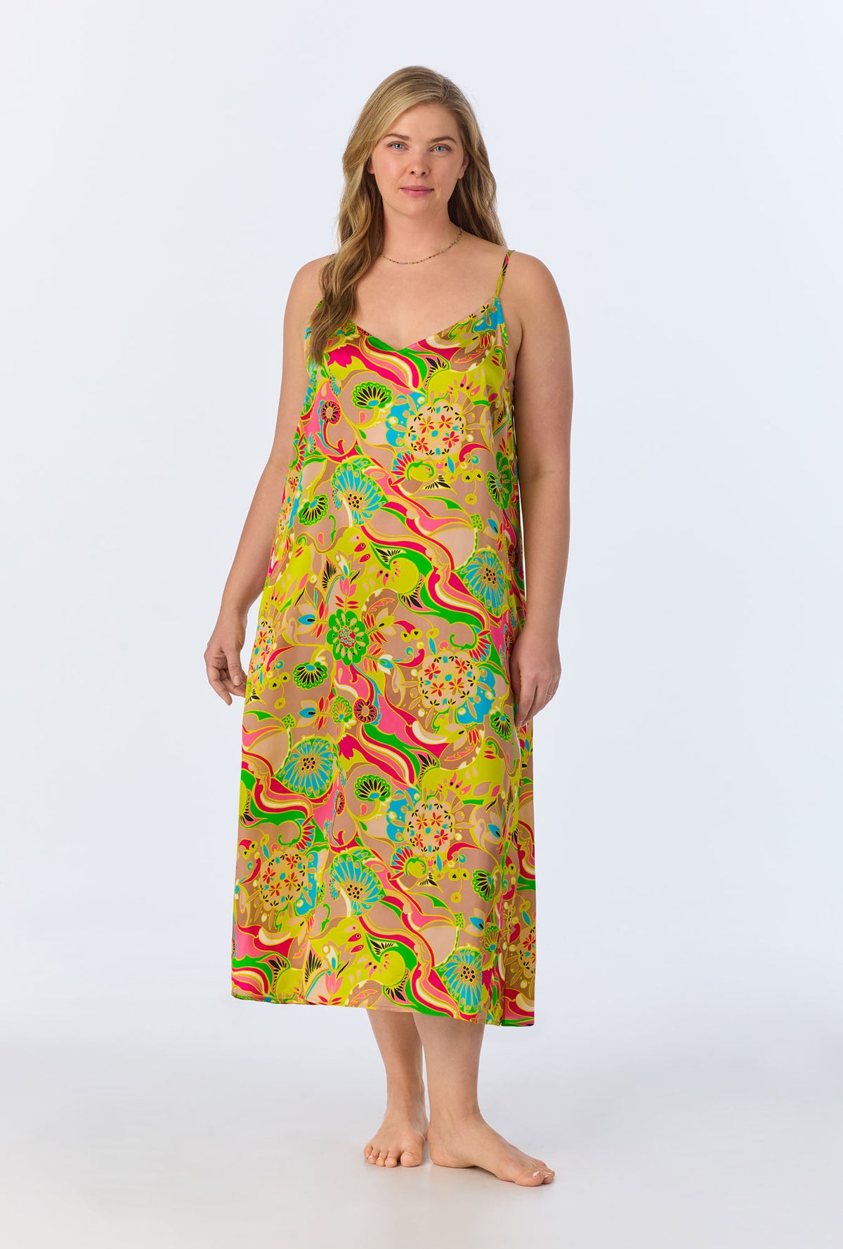 A lady wearing BedHead x Trina Turk Heritage Woven Washable Silk Satin Chemise