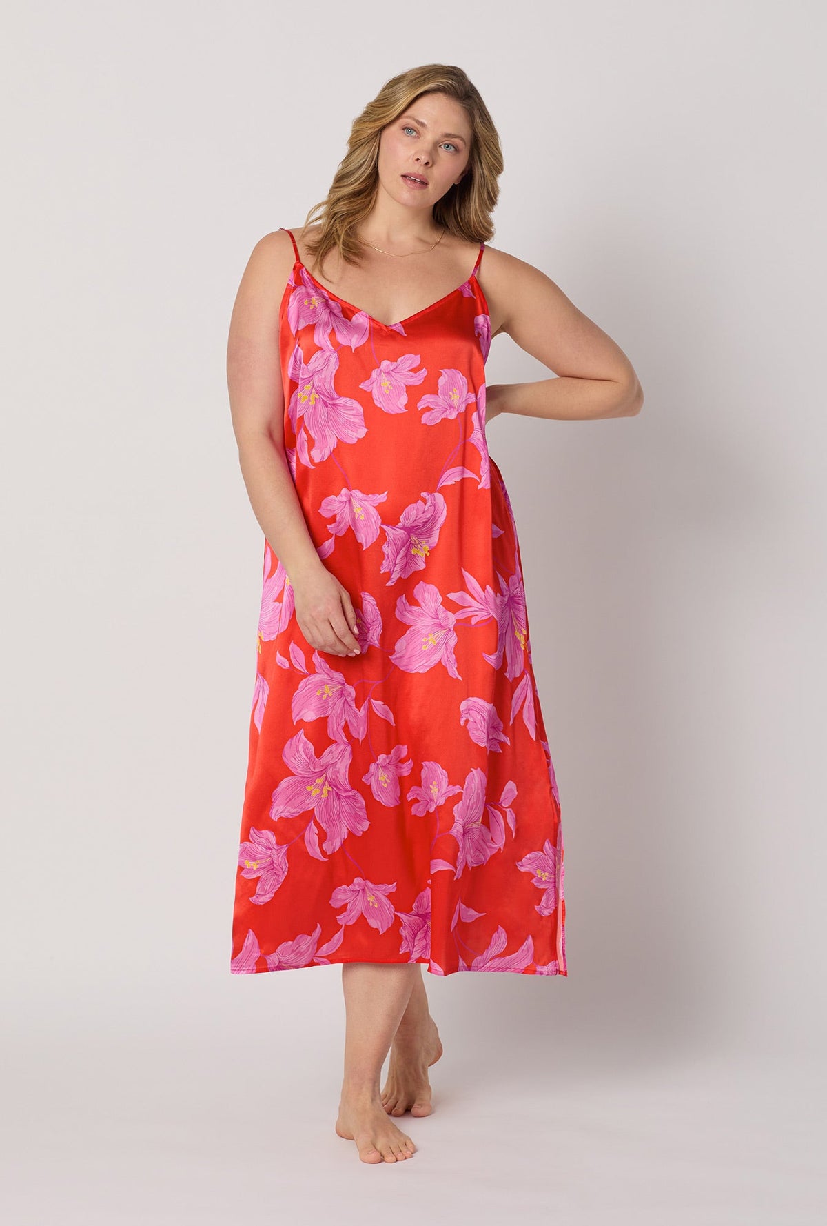 A lady wearing plus size Red Woven Washable Silk Chemise front view