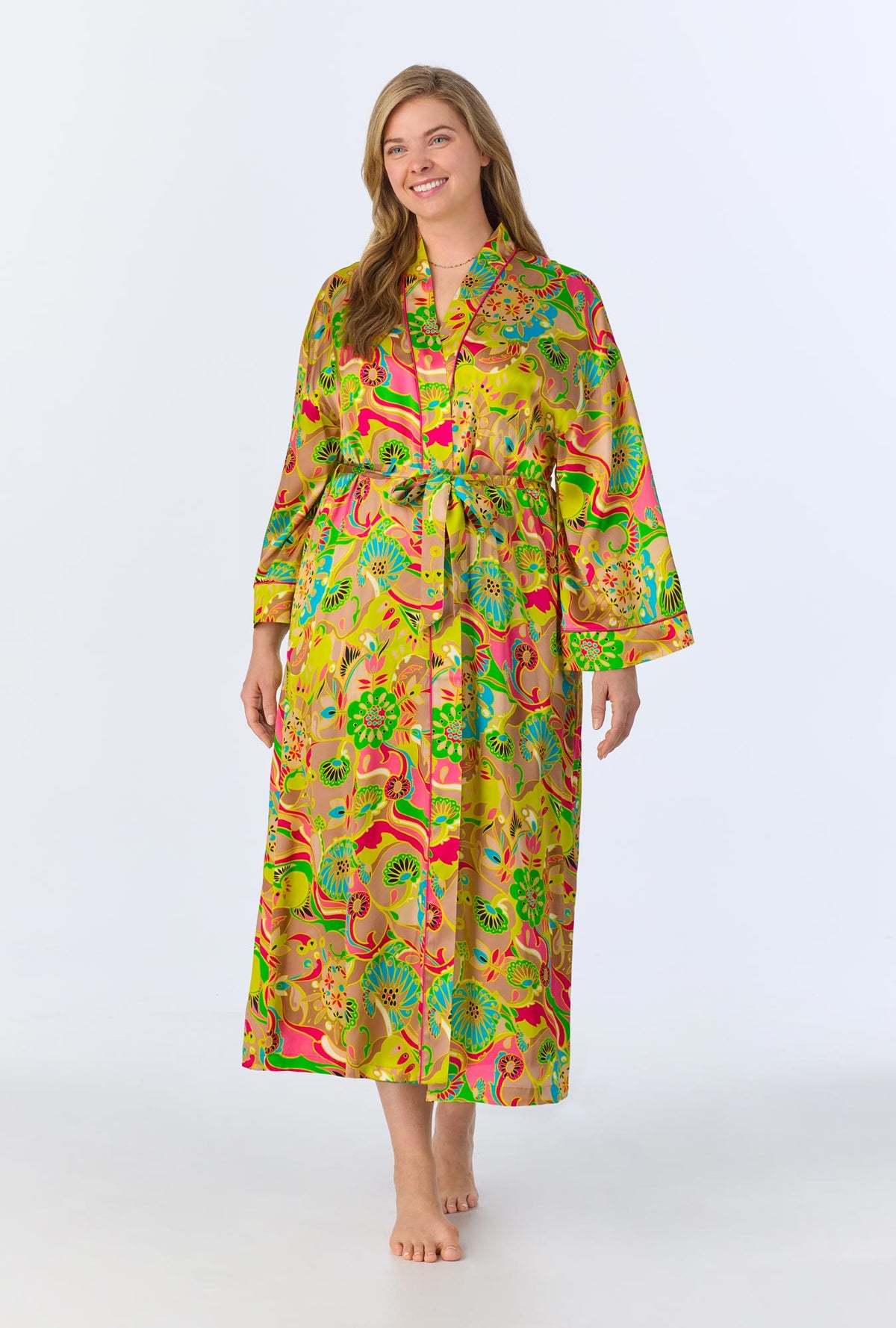 A lady wearing BedHead x Trina Turk Heritage Woven Washable Silk Satin Robe
