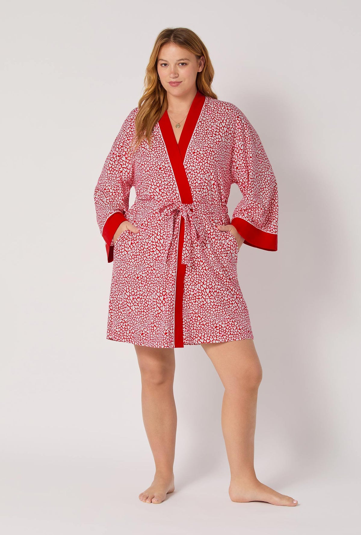 A lady wearing Bursting With Love Banded Collar plus Stretch Jersey Robe