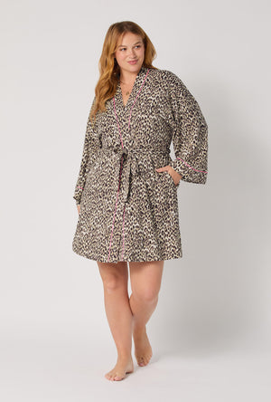 A lady wearing Wild Thing Banded Collar plus Stretch Jersey Robe
