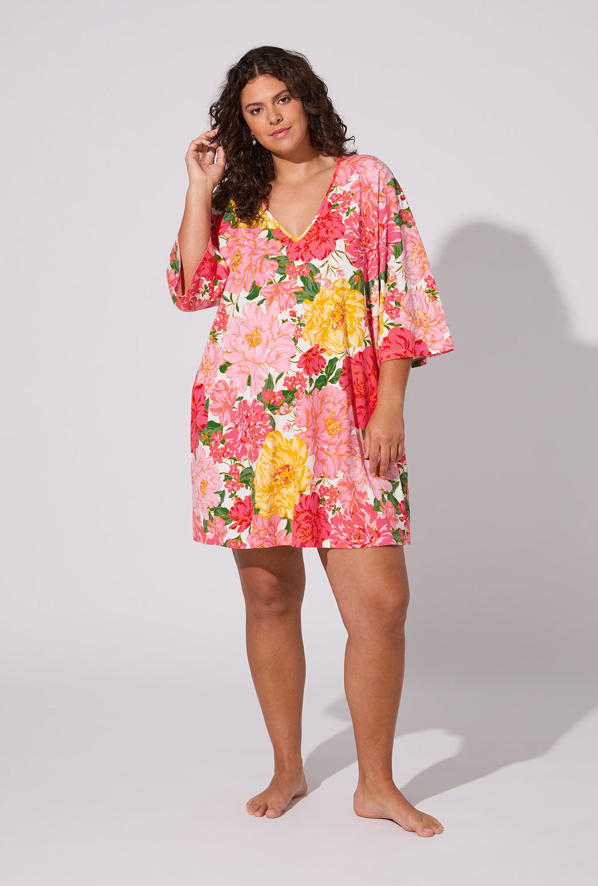 A lady wearing Garden Fresh V-neck Stretch Jersey Sleep Dress