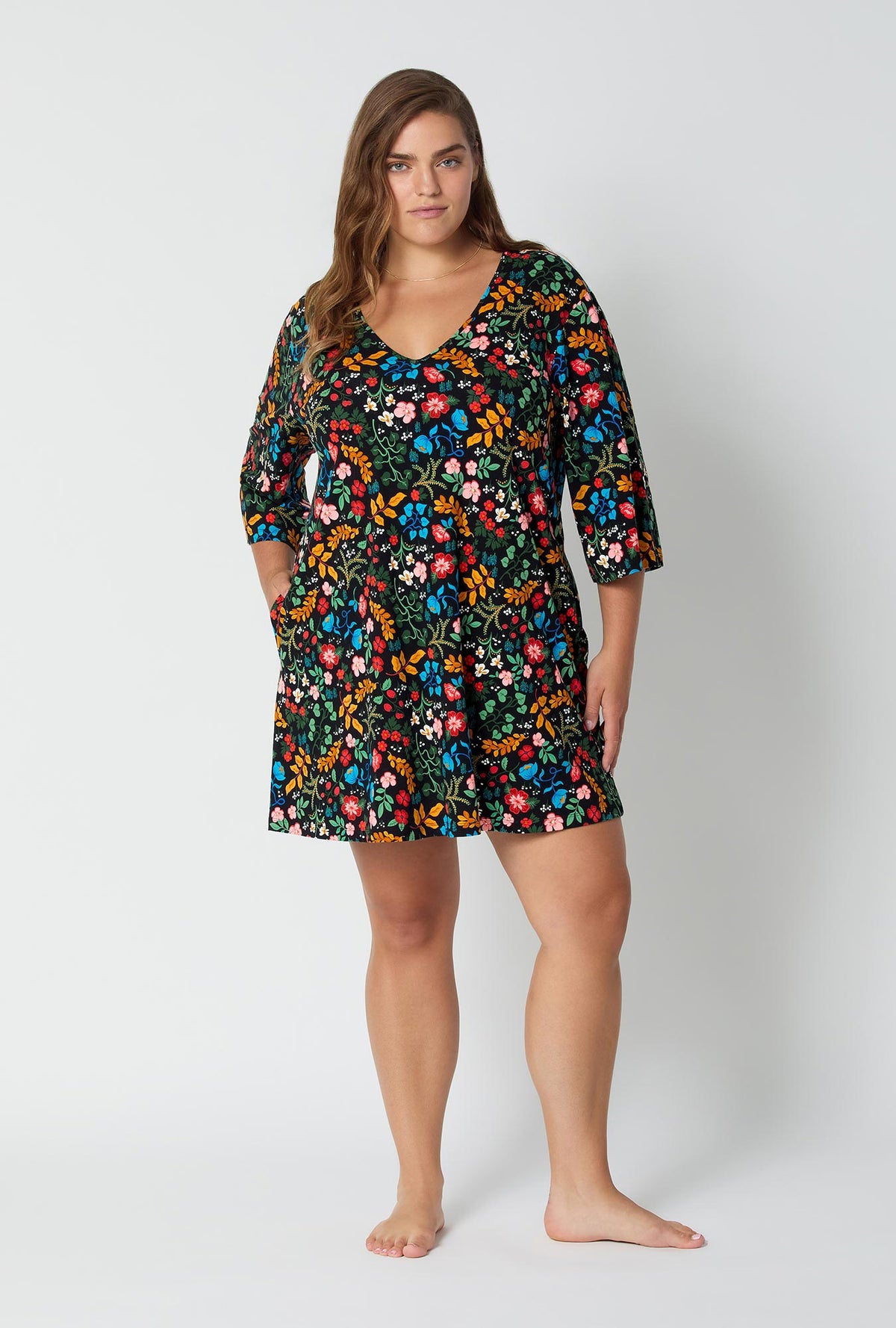 A lady wearing Winter Blooms Stretch Jersey Sleep Dress