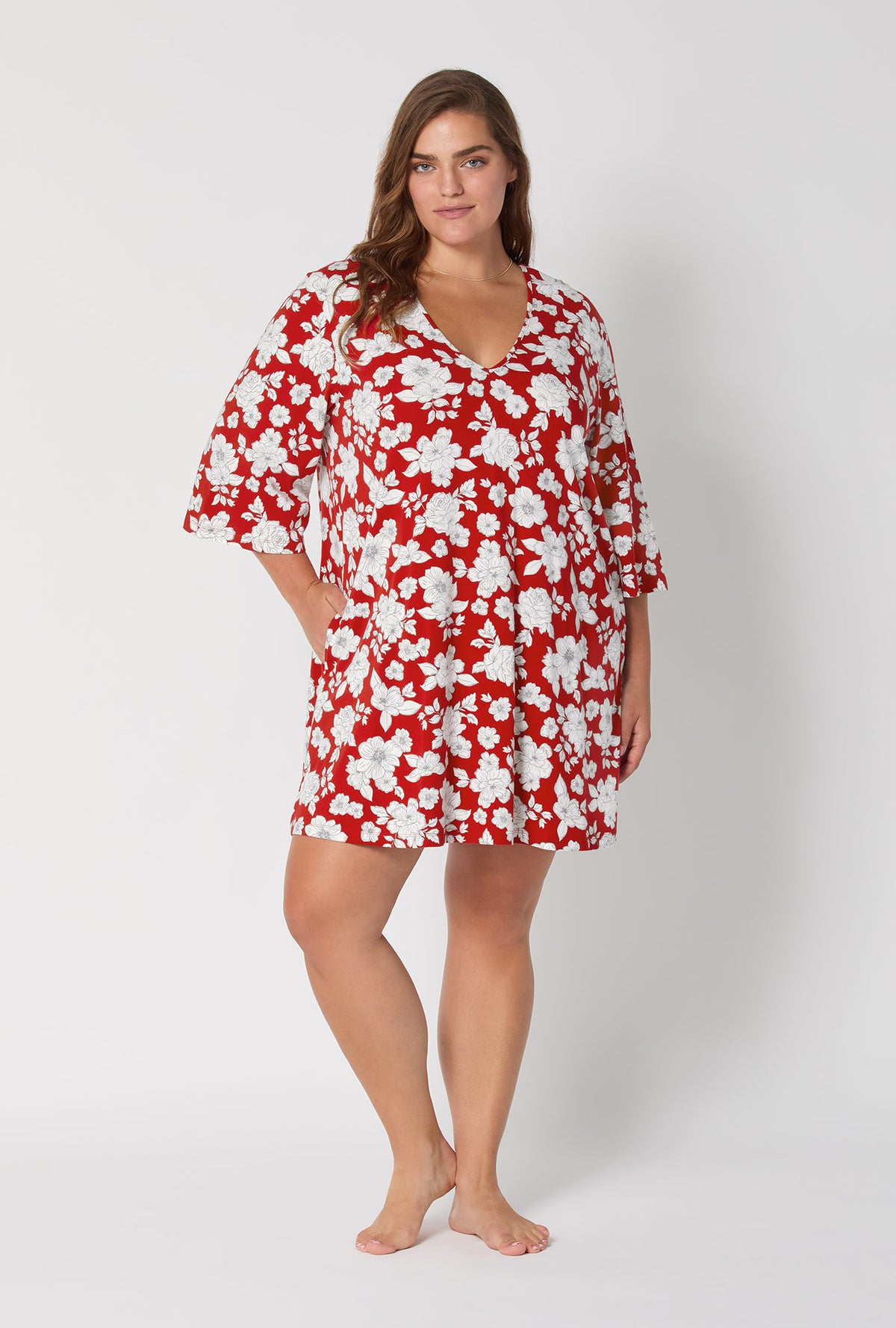 A lady wearing Floral Charm Stretch Jersey Sleep Dress