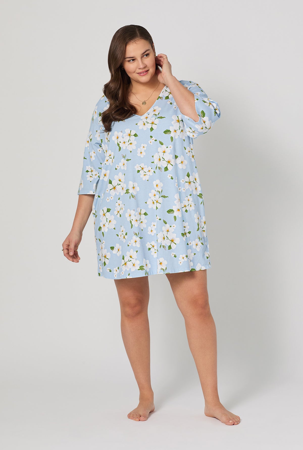 A lady wearing plus Magnolia Breeze Stretch Jersey Sleep Dress