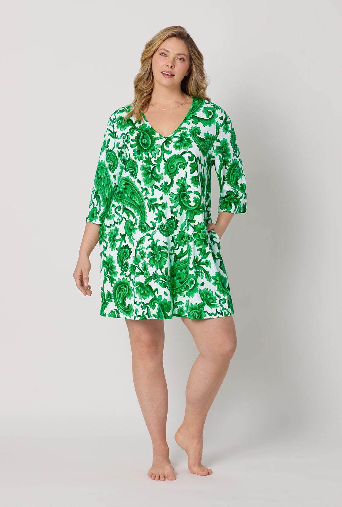 A lady wearing plus size Green and  White Stretch Jersey Sleep Dress front view