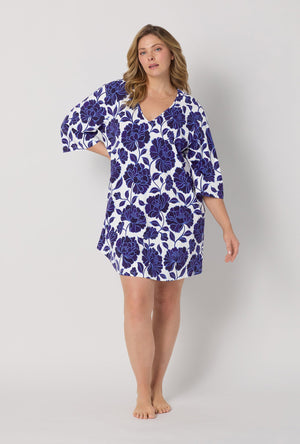 A lady wearing plus size Blue and  White Stretch Jersey Sleep Dress front view