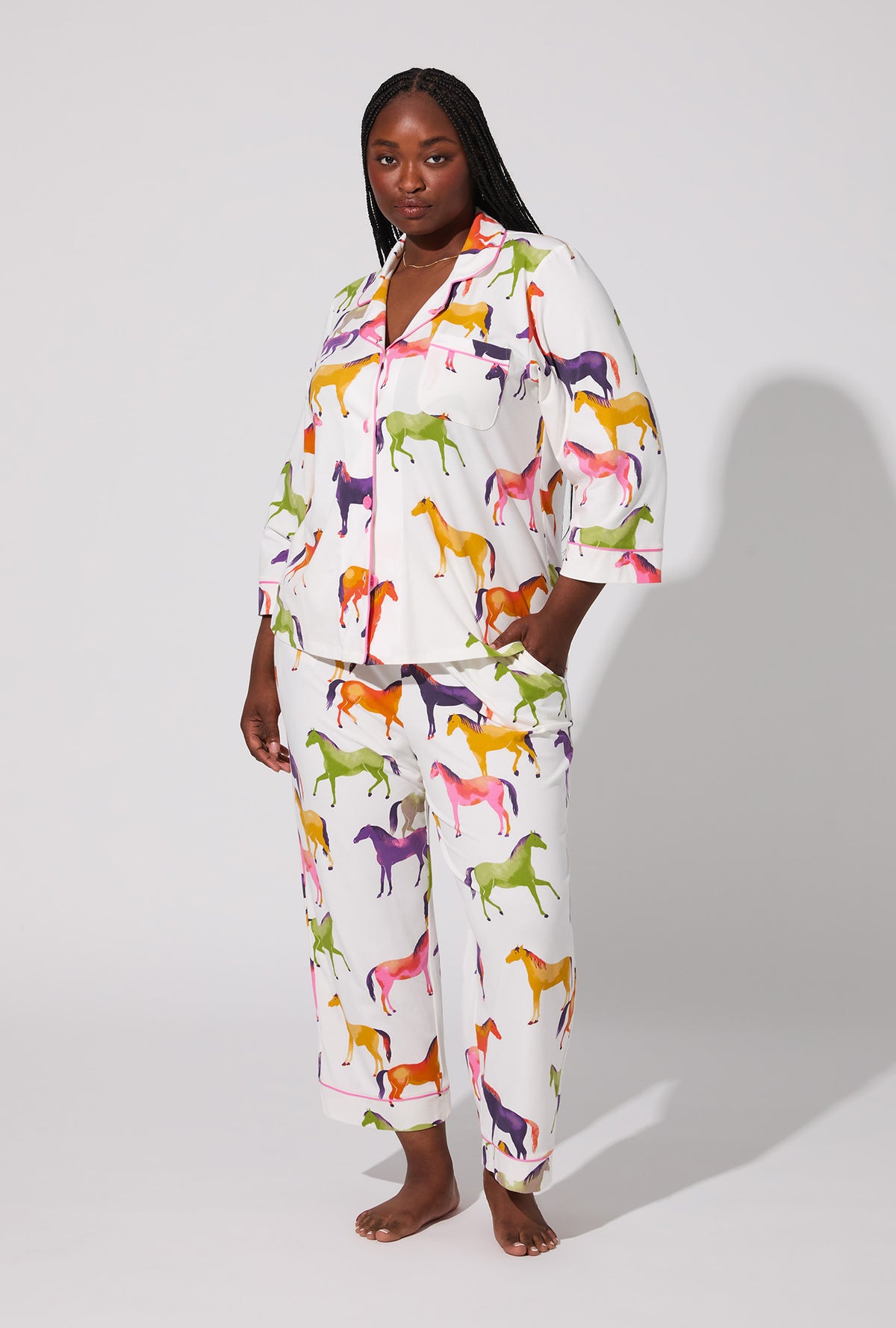 A lady wearing Equestrian Parade 3/4 Sleeve Classic Stretch Jersey Cropped PJ Set