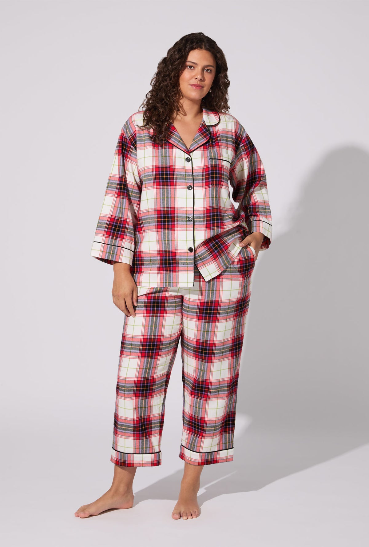 A lady wearing Equestrian Plaid 3/4 Sleeve Classic Woven Portuguese Flannel Cropped PJ Set