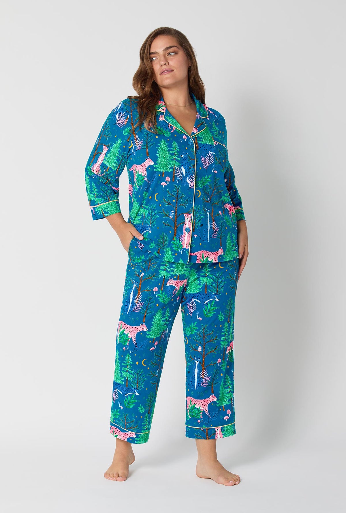 A lady wearing Midnight Forest 3/4 Sleeve Classic Stretch Jersey Cropped Pj Set