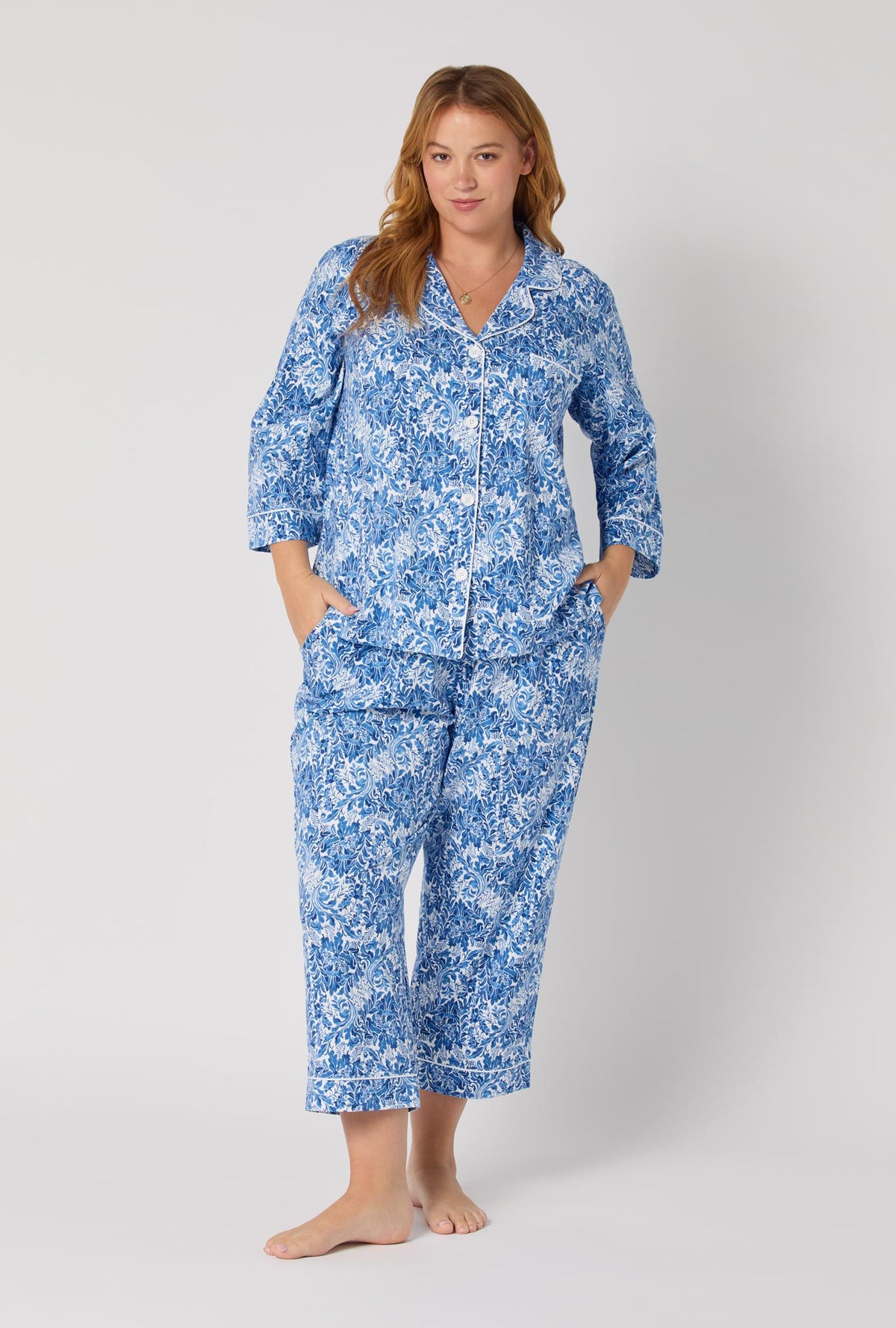 A Lady wearing Dreamy Damask 3/4 Sleeve Classic Stretch Jersey Cropped Pj Set