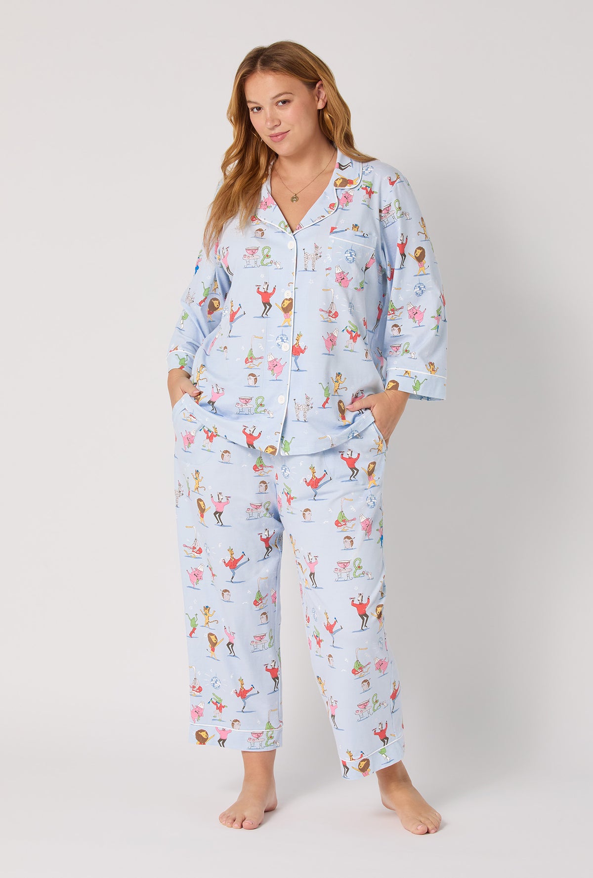 A Lady wearing Till The Ball Drops 3/4 Sleeve Classic Stretch Jersey Cropped Pj Set