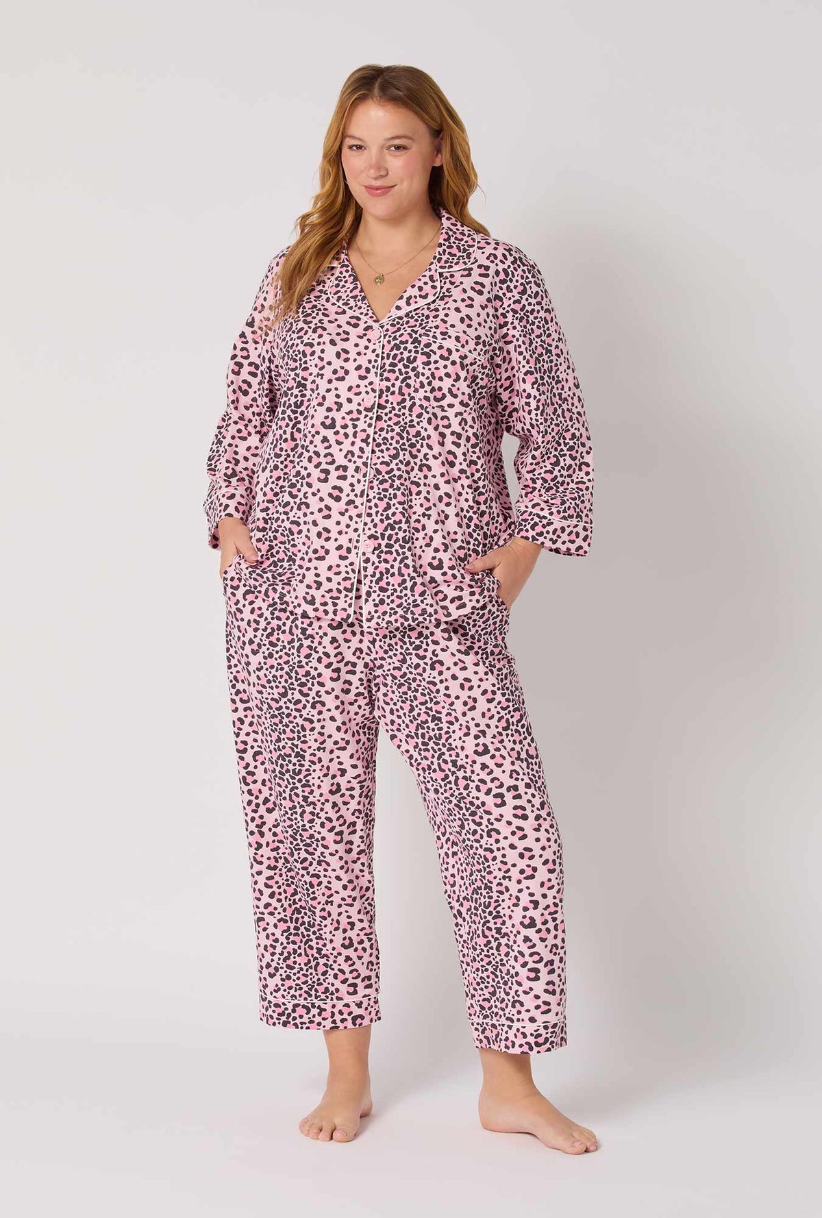A Lady wearing Purr-fect Spots 3/4 Sleeve Classic Stretch Jersey Cropped Pj Set