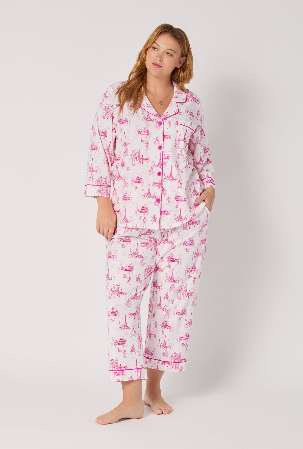 A Lady wearing Jet Setter 3/4 Sleeve Classic Stretch Jersey Cropped Pj Set