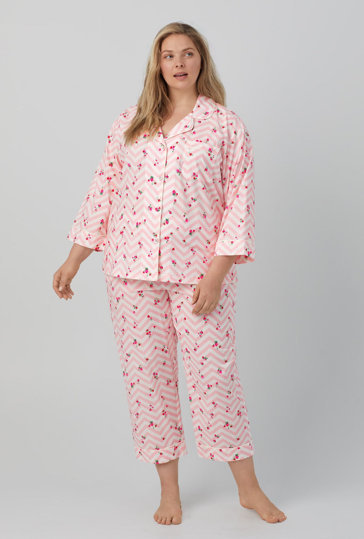 A lady wearing 3/4 sleeve classic cotton poplin cropped pj set with josephine print