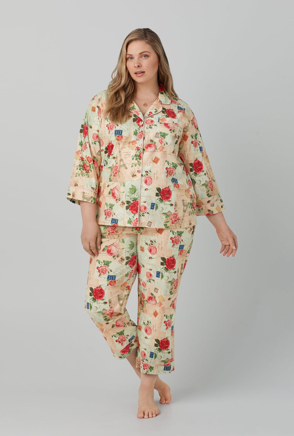 A lady wearing 3/4 Sleeve Classic Woven Cotton Poplin Cropped PJ Set with Love Notes print