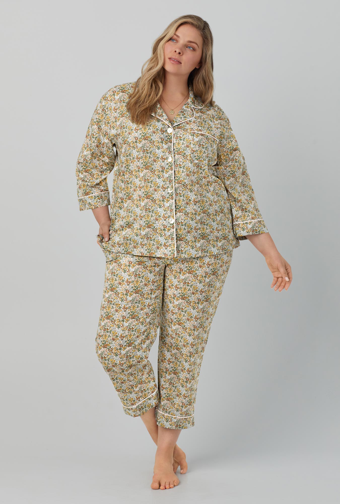 A lady wearing green 3/4 Sleeve Classic Woven Cotton Cropped PJ Set with Penstemon print