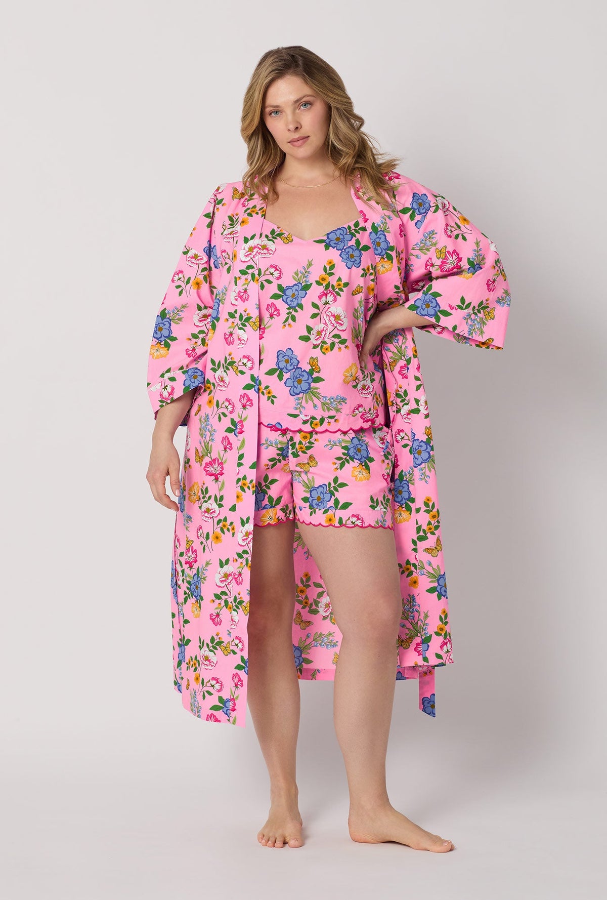 A lady wearing plus size Pink Woven Cotton Poplin Kimono Robe front view