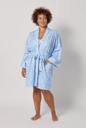 A lady wearing plus Something Blue Banded Collar Stretch Jersey Robe