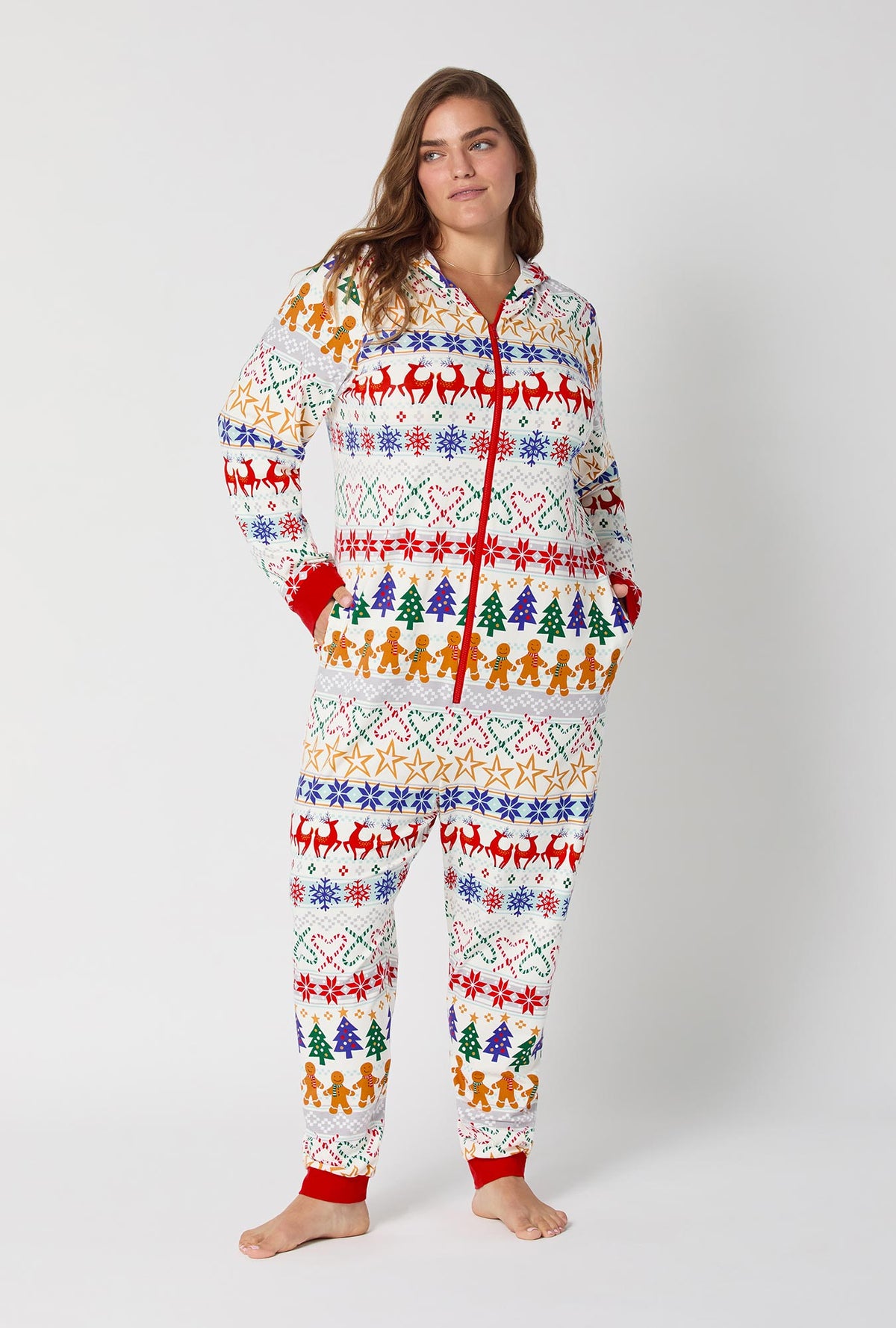 A lady wearing Deck The Halls Long Sleeve Stretch Jersey Unisex Onesie