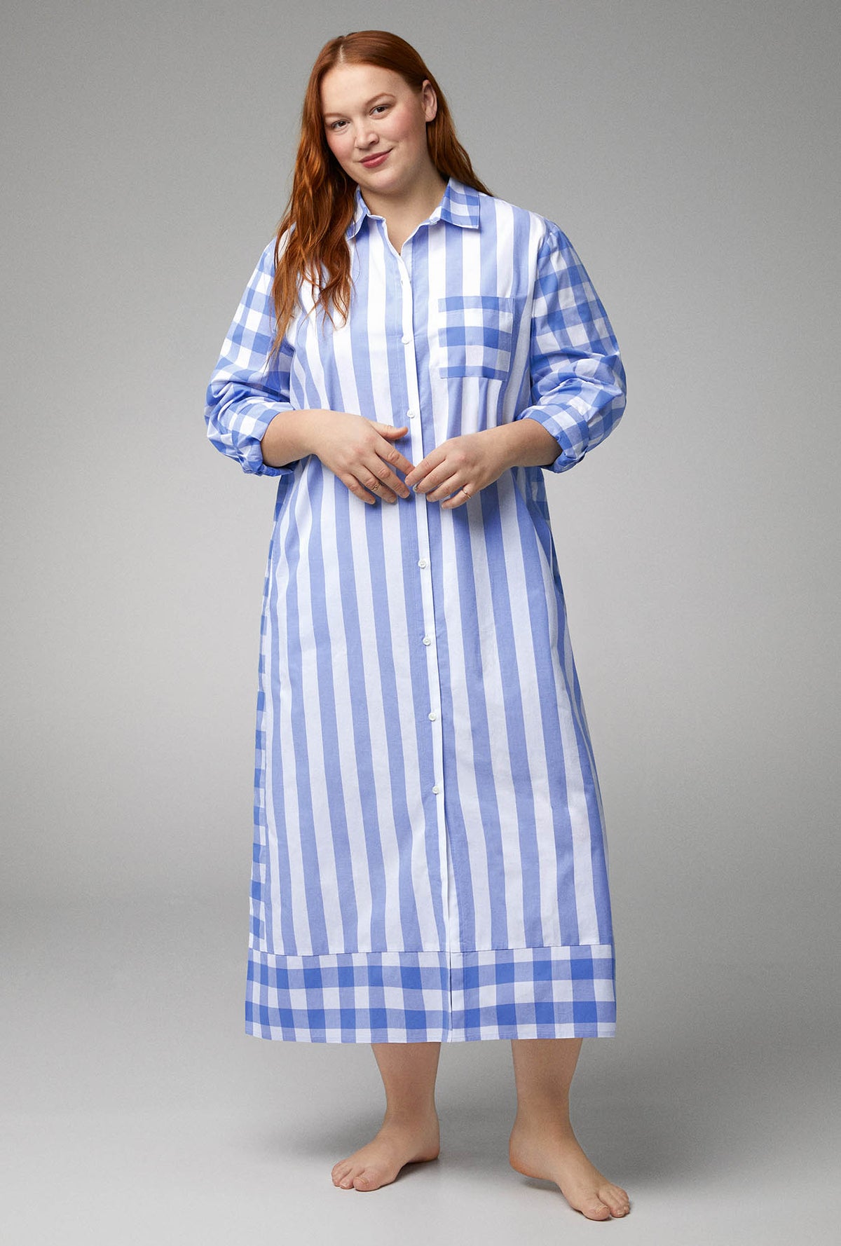 A lady wearing maxi collared cotton poplin sleepshirt with bengal stripe print