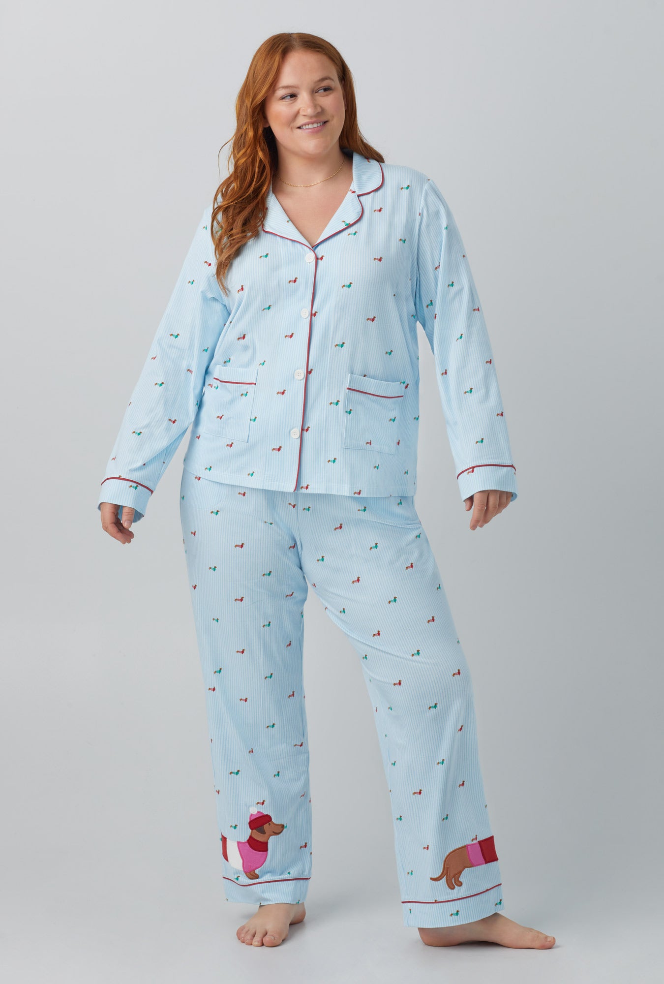 A lady wearing light blue Long Sleeve Classic Stretch Jersey PJ Set with Dach shun print