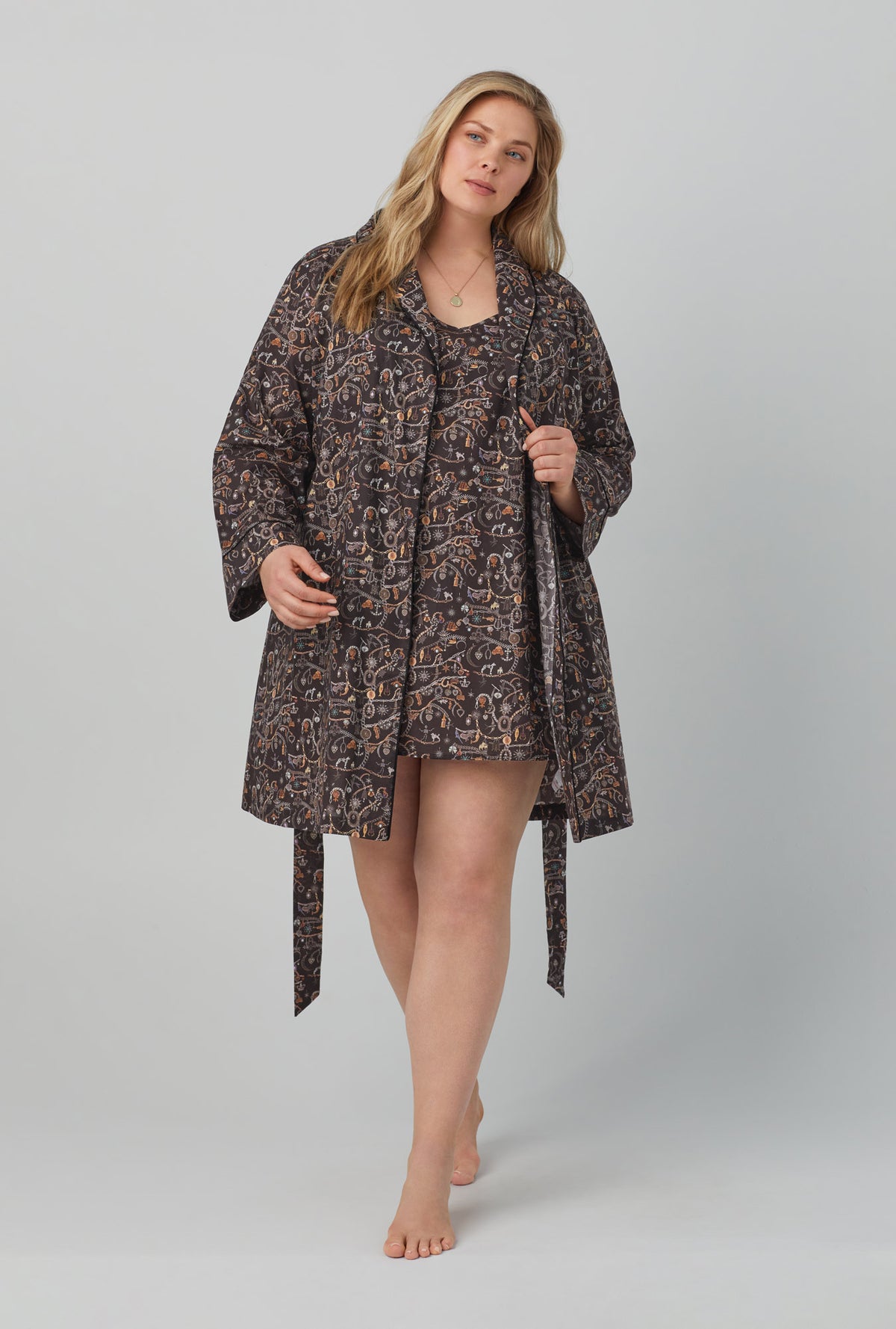 A lady wearing Shawl Collar Classic Woven Tana Lawn® Robe Made with Liberty Fabrics with Forever Heirloom print