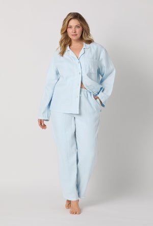 A lady wearing plus size Baby's Breath Blue Long Sleeve Classic Woven Linen Pj Set front view