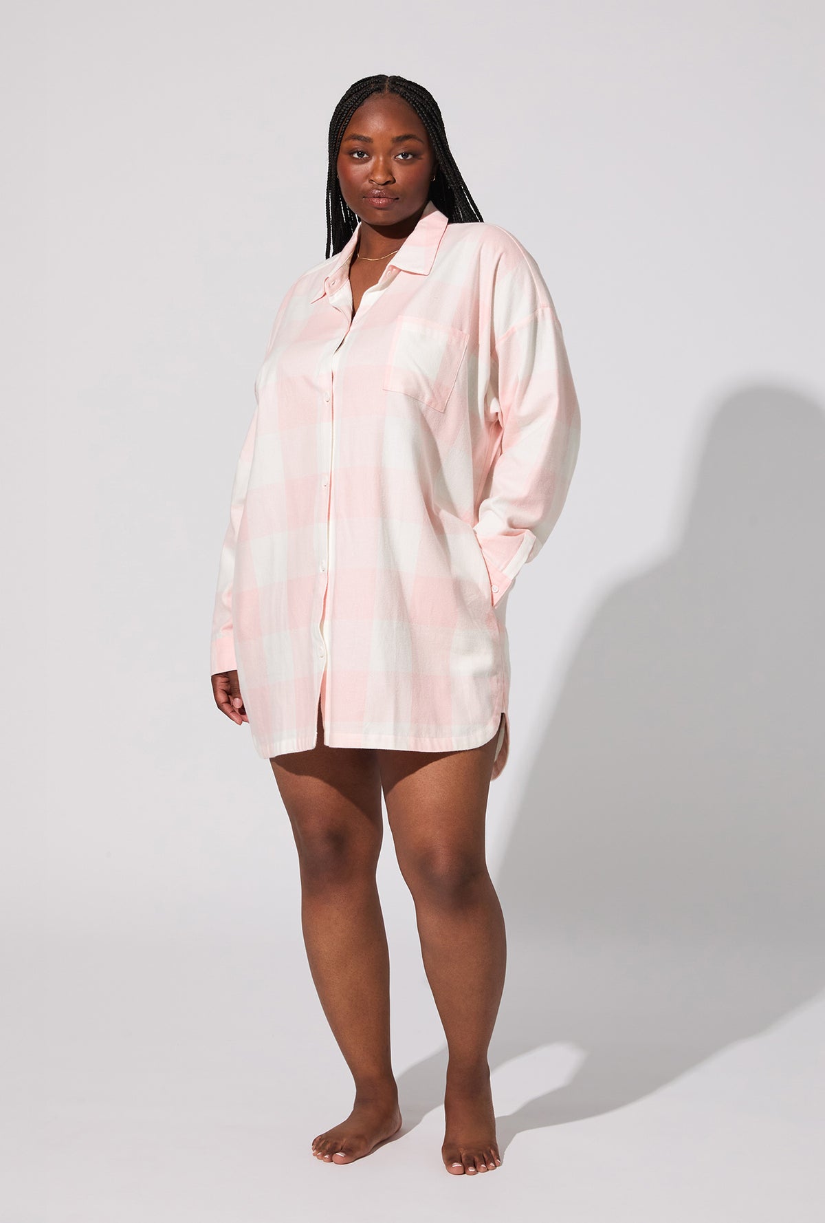 A lady wearing Checking In High Low Woven Portuguese Flannel Boyfriend Shirt