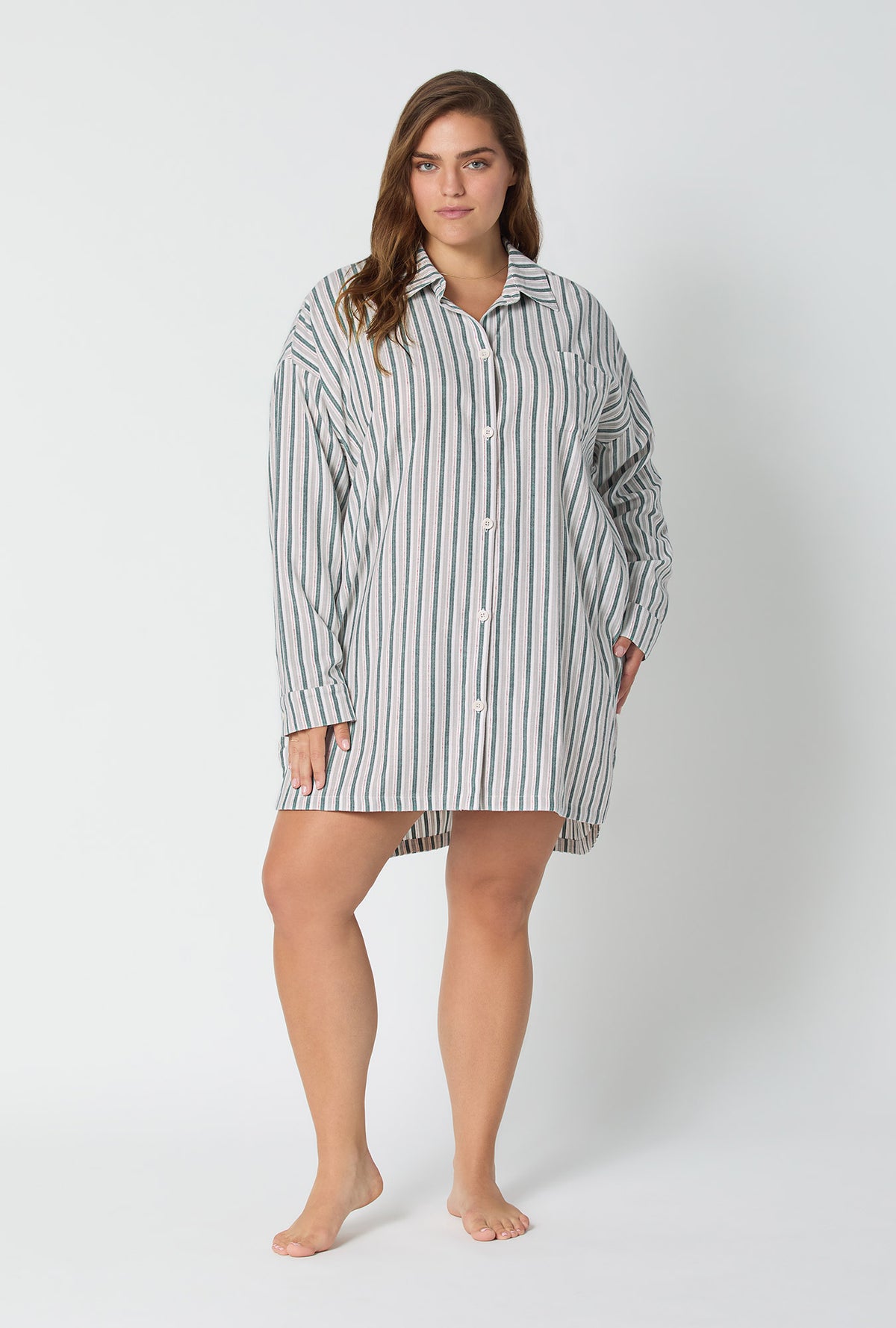 A lady wearing Peppermint Stripe High Low Woven Portuguese Flannel Boyfriend Shirt
