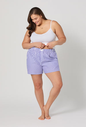 A lady wearing plus size Navy 3D Stripe Cotton Sateen Boxer Short