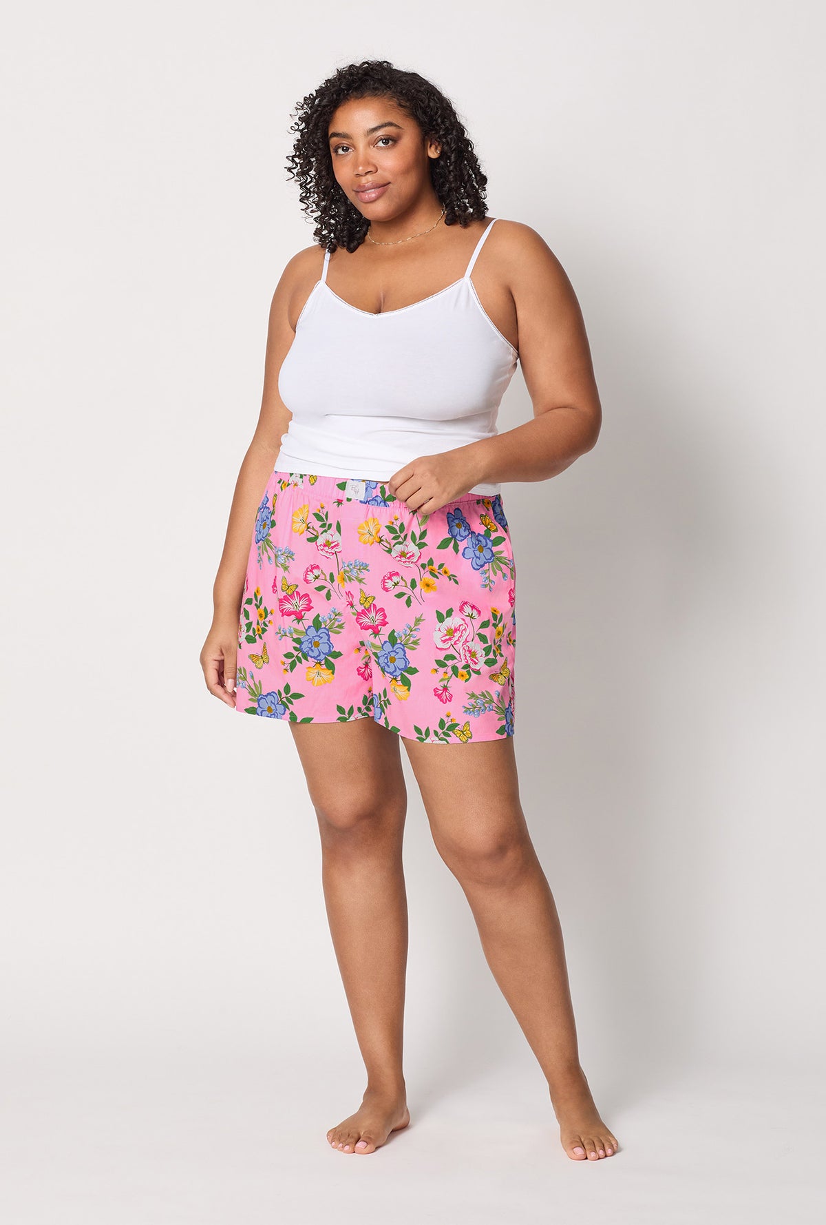 A lady wearing Pink Woven Cotton Poplin plus size Boxer Short front view