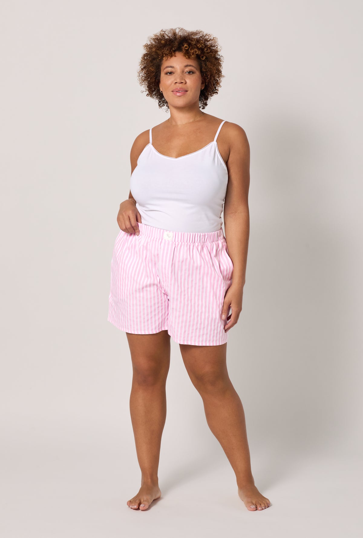 A lady wearing plus size Pink 3D Stripe Cotton Sateen Boxer Short