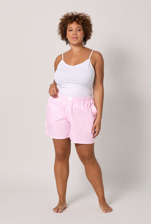A lady wearing plus size Pink 3D Stripe Cotton Sateen Boxer Short