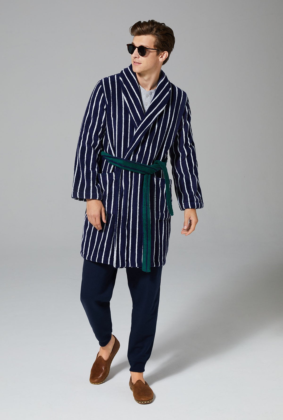 Field Stripe Unisex Short Woven Cotton Loop Turkish Terry Jacquard Robe