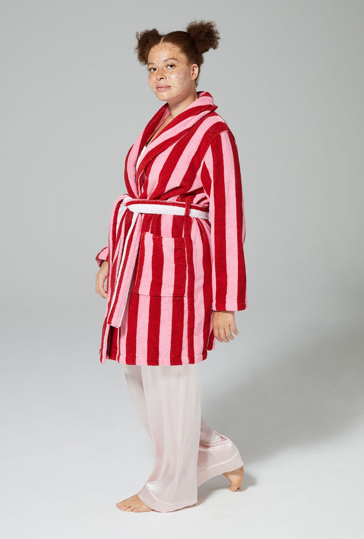 Cottage Stripe Unisex Short Woven Cotton Loop Turkish Terry Jacquard Robe