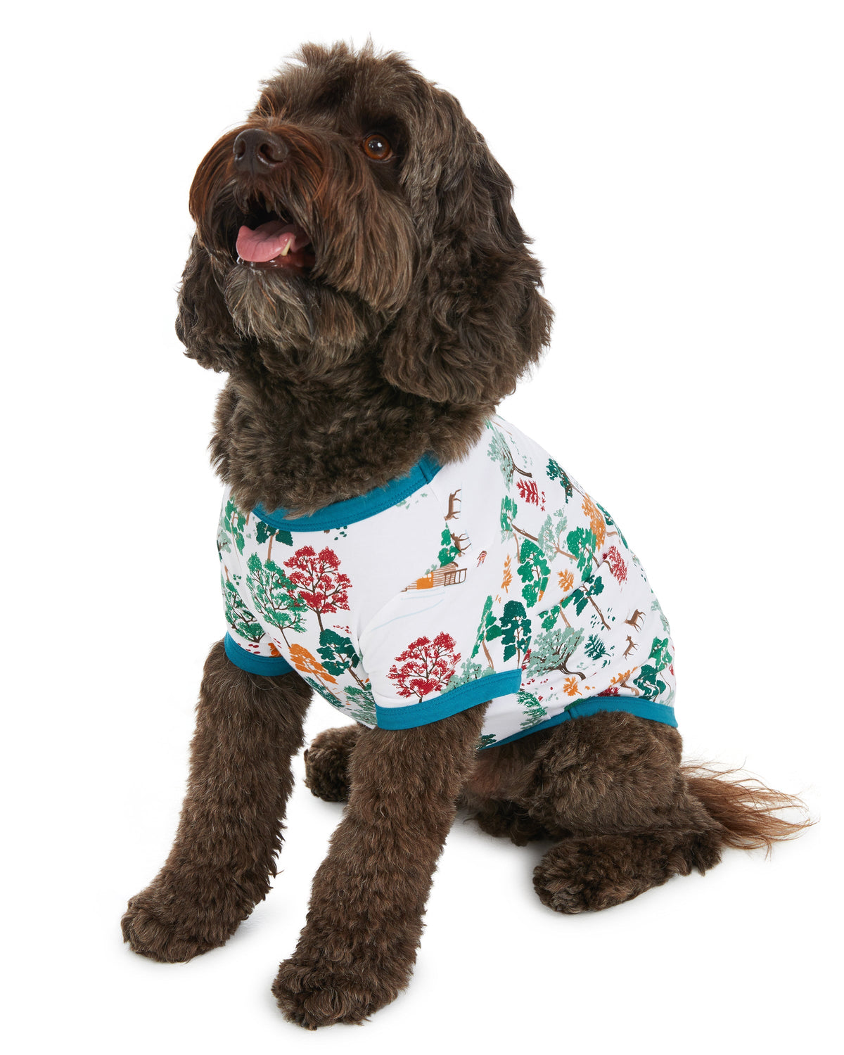 A dog wearing a white short sleeve pj set with tree pattern.
