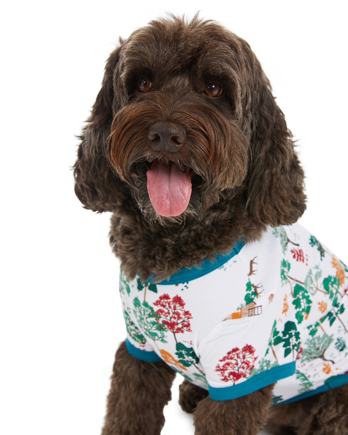 A dog wearing a white short sleeve pj set with tree pattern.