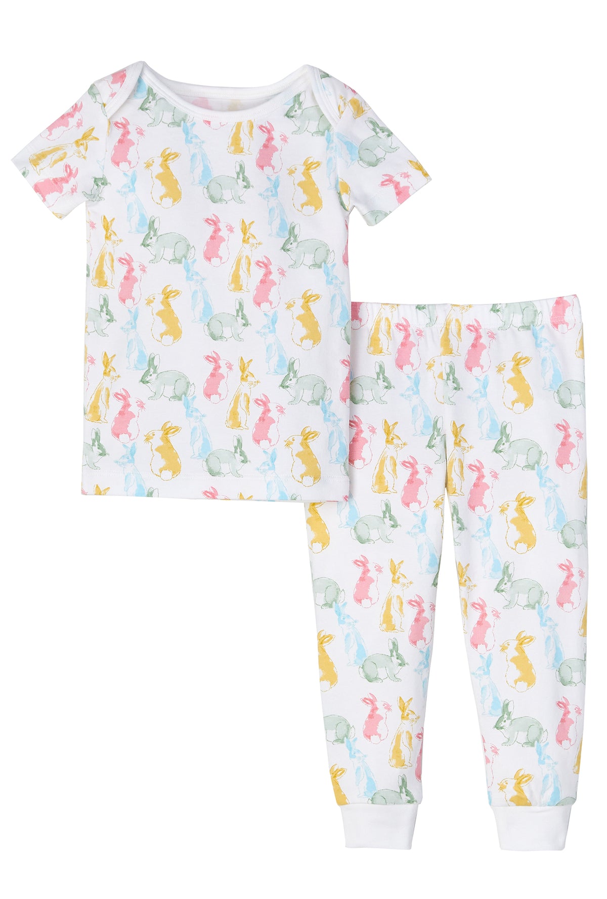 A toddler wearing white short sleeve pj set with cottontail print