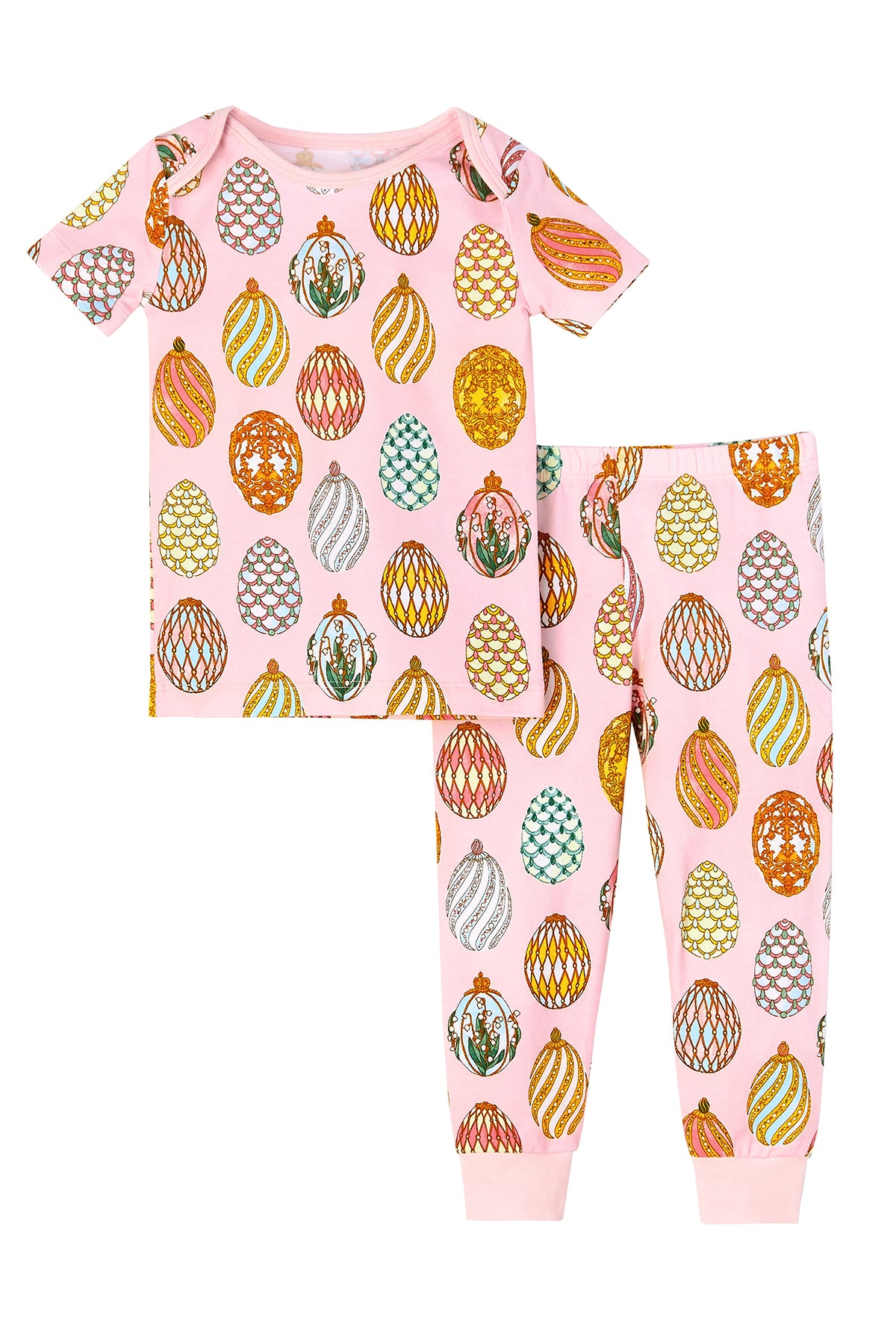 A toddler wearing pink short sleeve pj set with egg hunt print