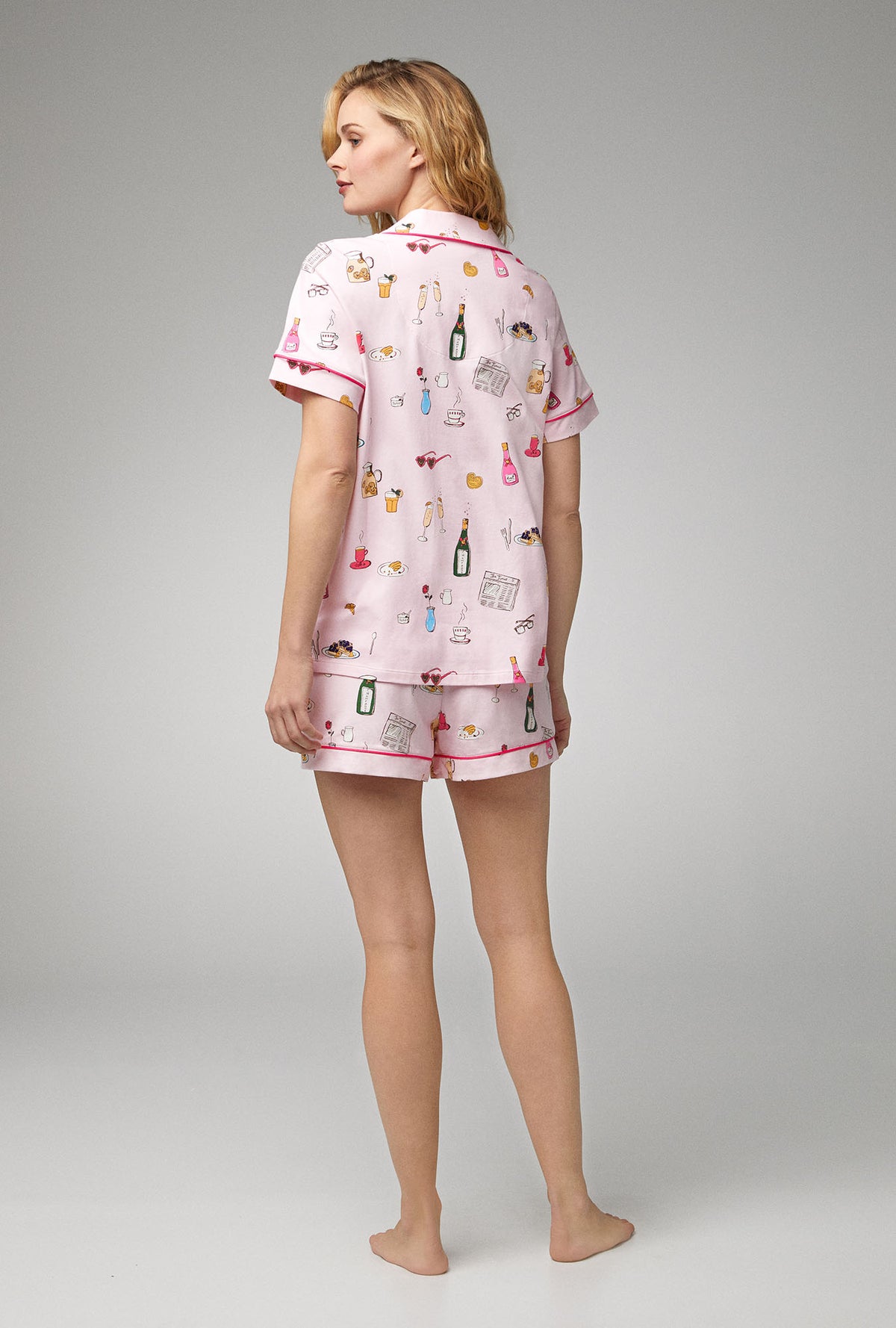 A lady wearing Short Sleeve Classic Shorty Stretch Jersey PJ Set with Let&#39;s Do Brunch print