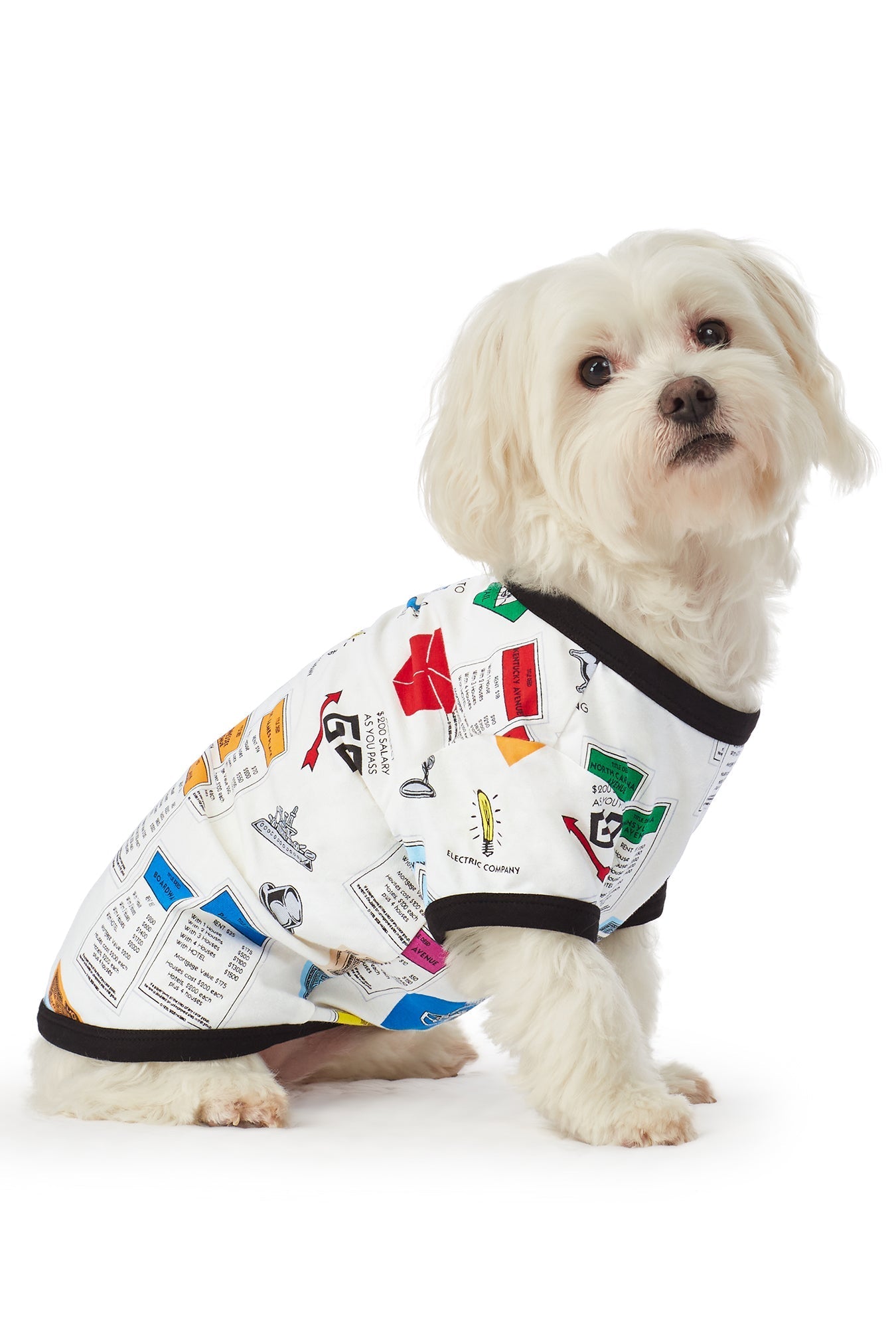 A dog wearing a long sleeve pj set with monopoly pattern.