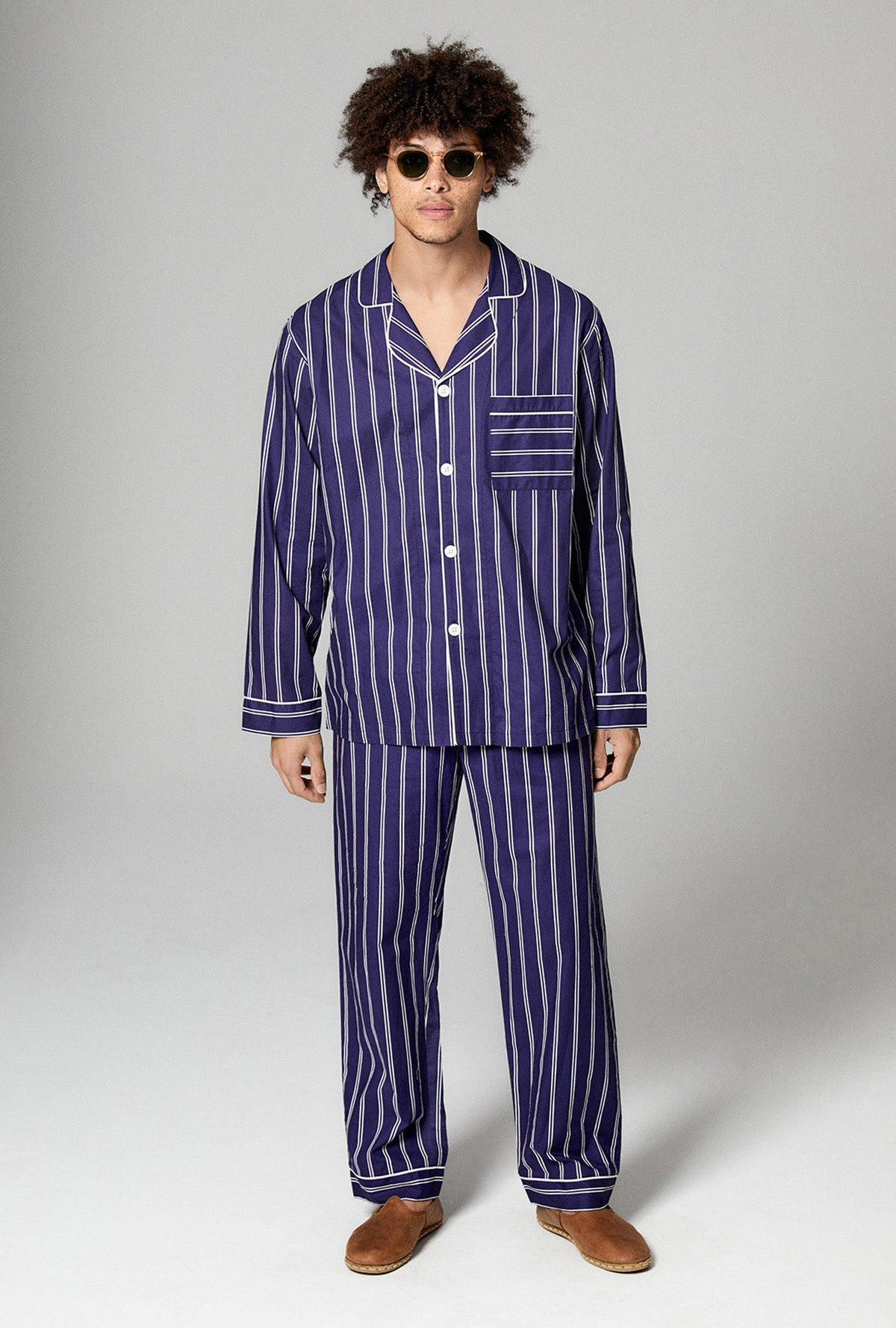 Oxford Stripe Men&#39;s Long Sleeve Classic Woven Cotton Poplin PJ Set