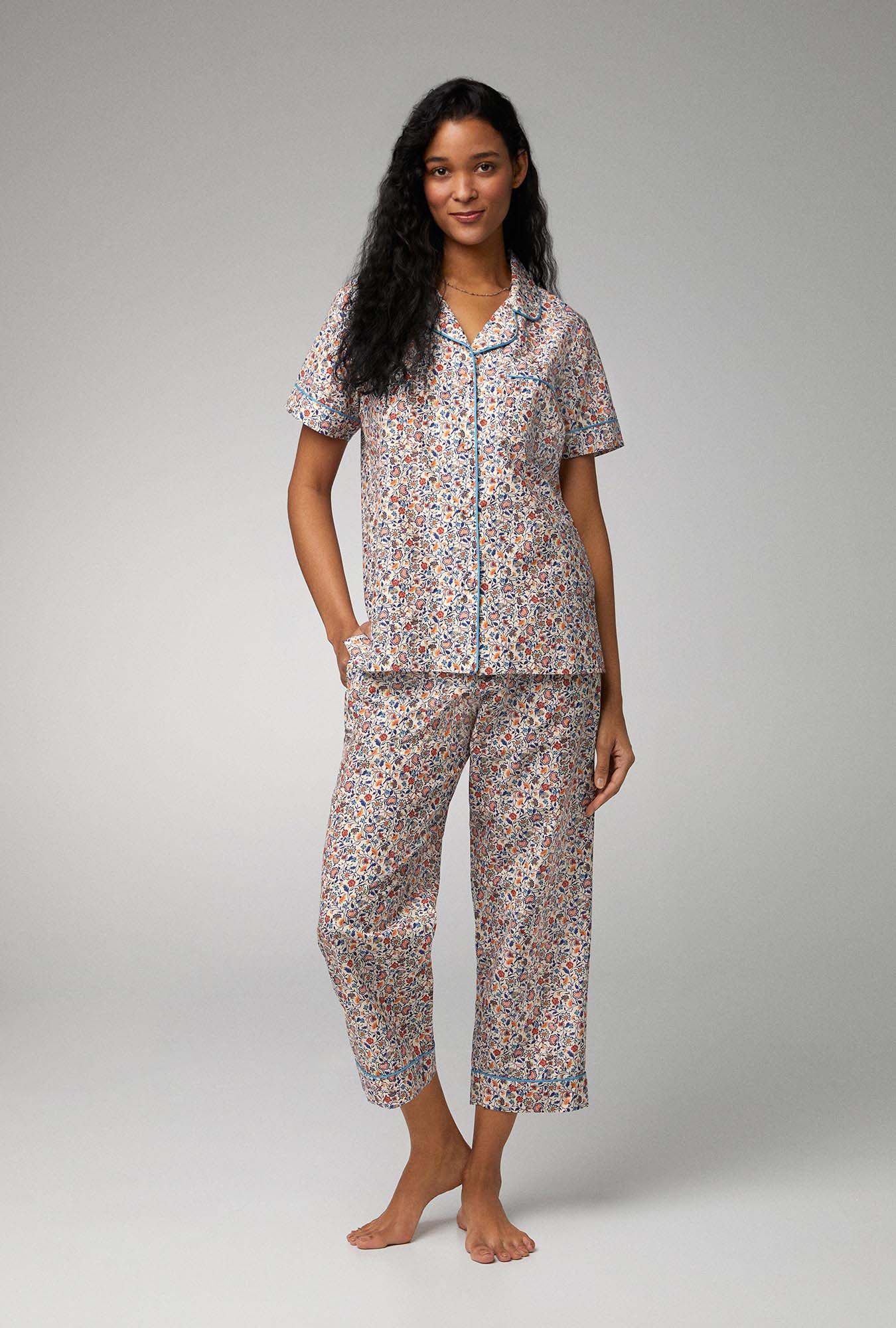 A lady wearing white  Short Sleeve Classic Woven Cotton Silk Cropped PJ Set with Country Meadow  print