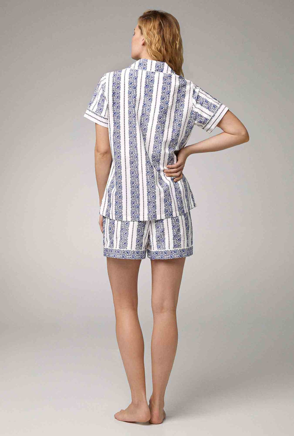 A lady wearing Short Sleeve Classic Woven Cotton Silk PJ Set with Provencal Stripe print