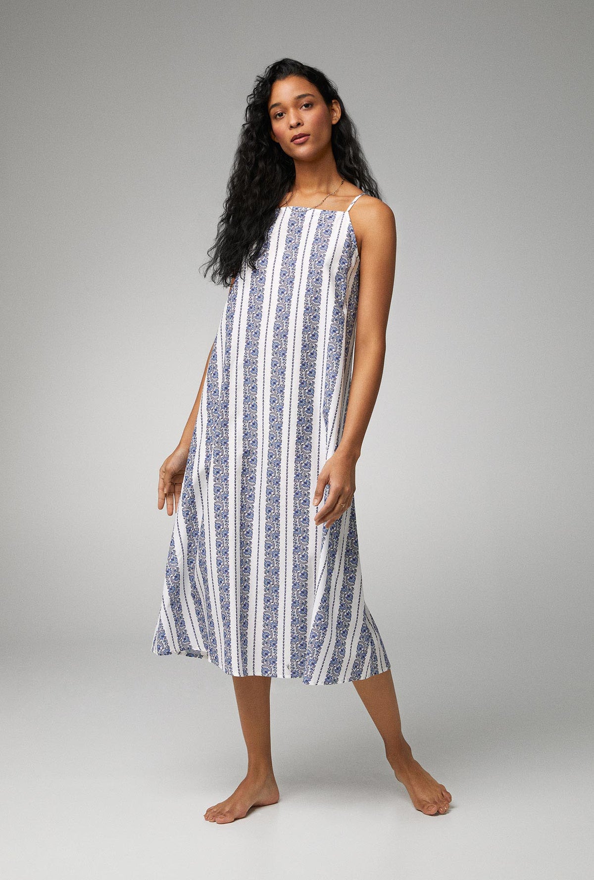 A lady wearing Square Neck Woven Cotton Silk Maxi Dress with Provencal Stripe print