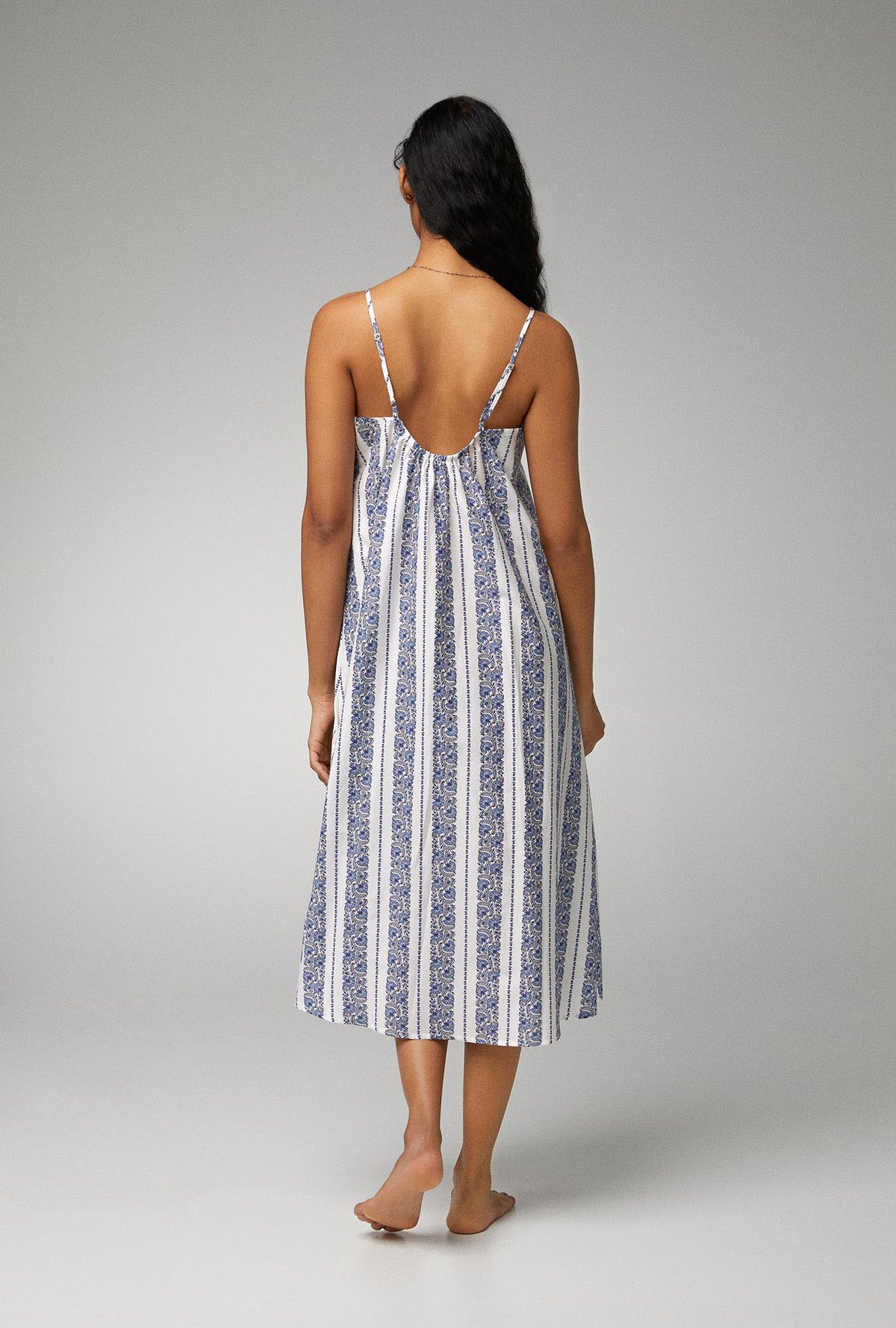 A lady wearing Square Neck Woven Cotton Silk Maxi Dress with Provencal Stripe print