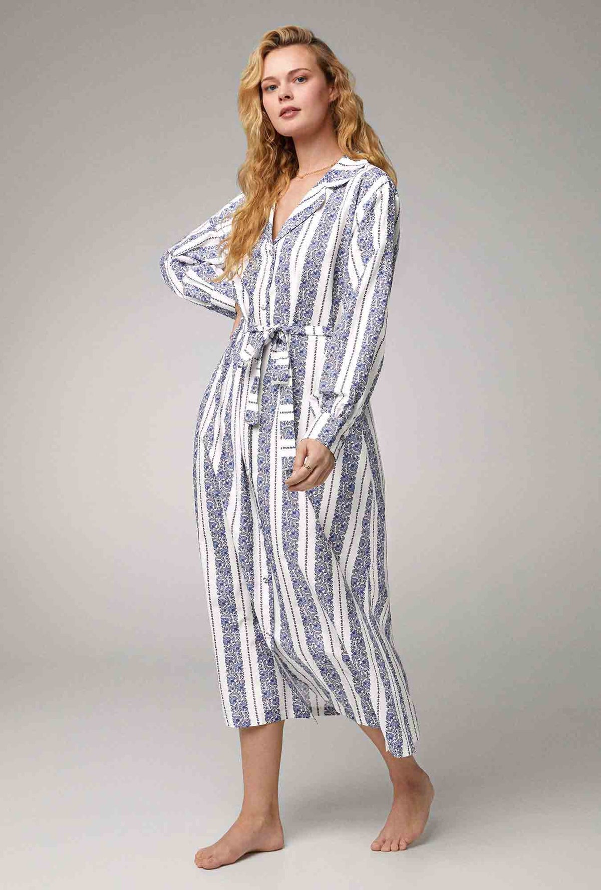 A lady wearing white Notch Collar Woven Cotton Silk Maxi Dress with  Provencal Stripe print
